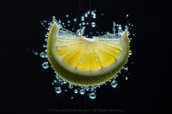 Slice Of Yellow Lemon In Water Against Black Background