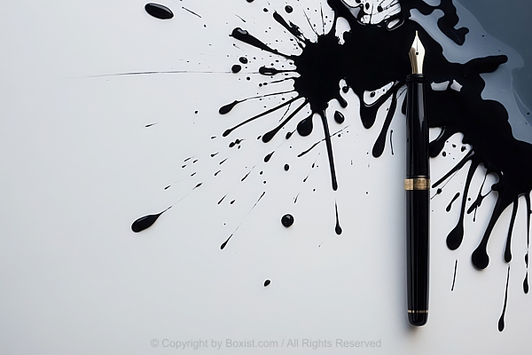 Black Fountain Pen Rests On Splatter Of Black Ink Laid On White Paper