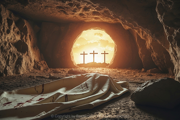 Biblical Resurrection Scene Of Cave Interior With Piece Of Burial Cloth And Three Crosses
