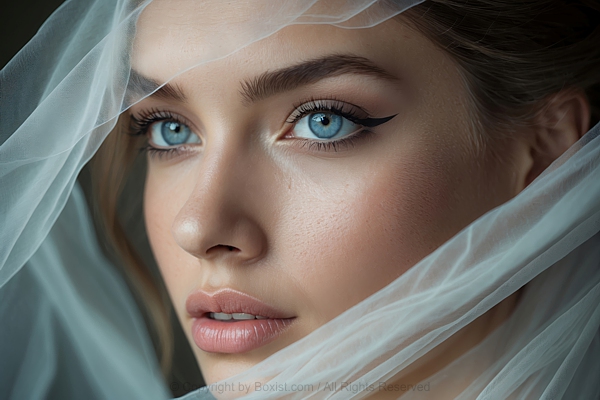 Beautiful Woman With Blue Eyes Veiled In Silk Fabric