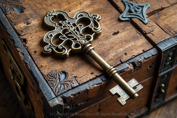 Antique Brass Key Resting On An Aged Wooden Chest