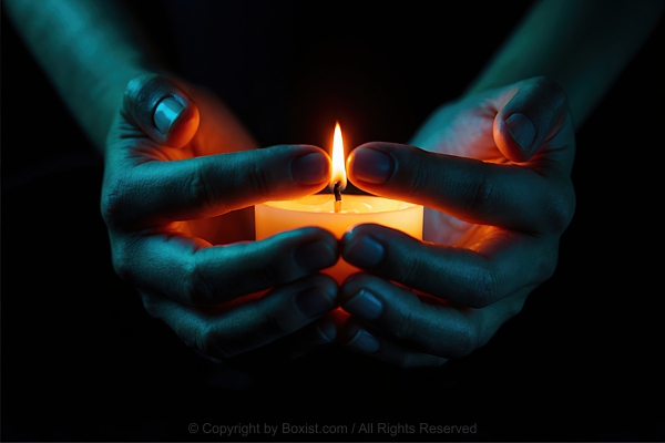 Cupped Two Hands Holding Candle In The Dark