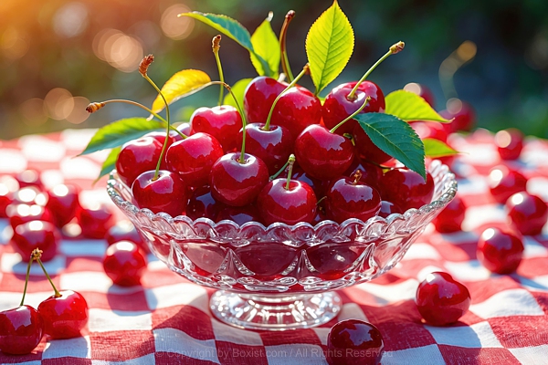Crystal Bowl With Fresh Ripe Cherries Red And White Checkered Tablecloth