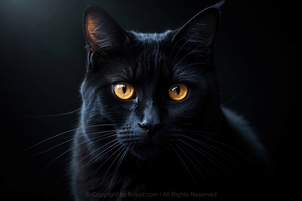 Closeup Portrait Of Black Cat With Piercing Amber Eyes