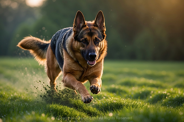 German Shepherd Dog Running In Green Grass Field