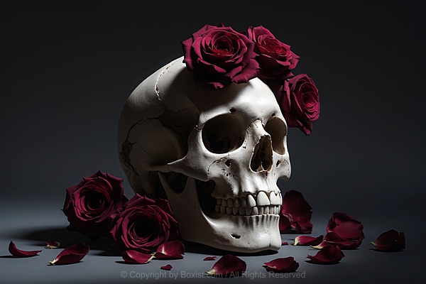 Skull With Red Roses In The Dark