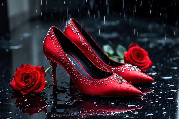 Red High Heel Shoes With Sparkling Embellishments On Dark Wet Marble Surface