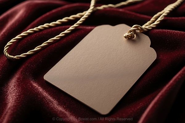 Blank Clothing Tag Made Of Light Brown Cardstock With Gold Silk Cord