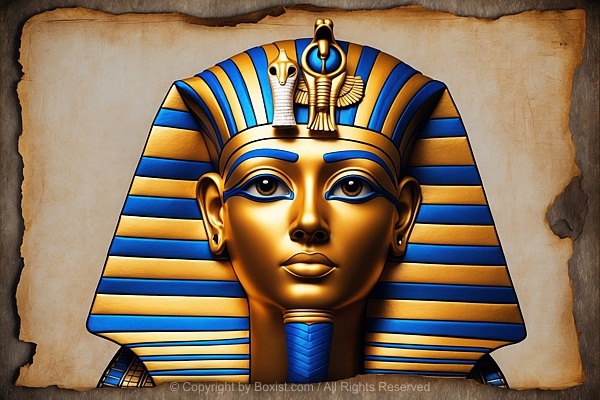 Ancient Egyptian Pharaoh Mask Against A Textured Parchment Background With Burnt Edges