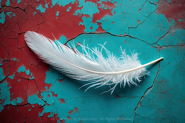 White Feather Lying On Turquoise Surface With Cracked Red Paint Texture