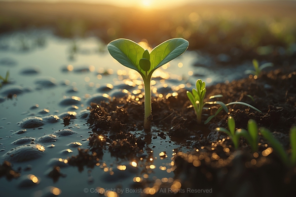 Green Seedling Emerging Wet Soil With Soft Natural Light