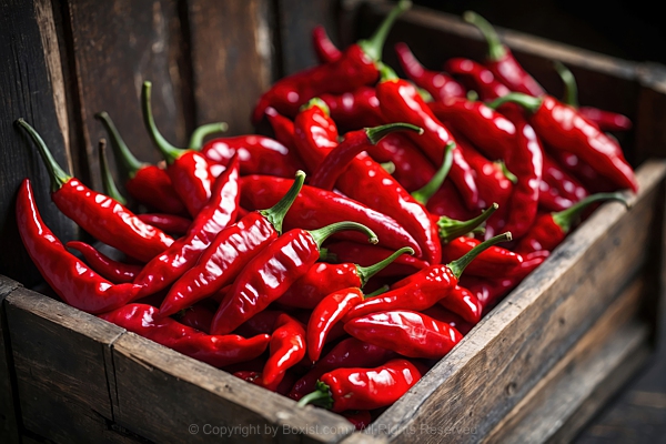 Fresh Red Chili Peppers Placed Within Wooden Box