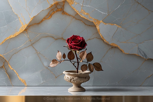 Dry Red Rose On Luxurious Marble Wall
