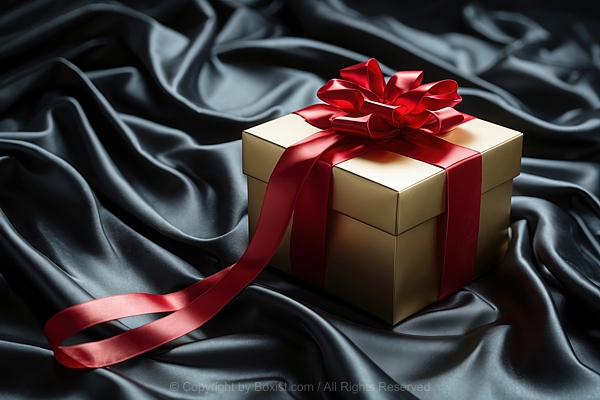 Golden Gift Box Adorned With A Glossy Red Ribbon On Black Satin That Ripples Softly