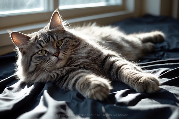 Fluffy Grey Tabby Cat Lying Down On Black Fabric
