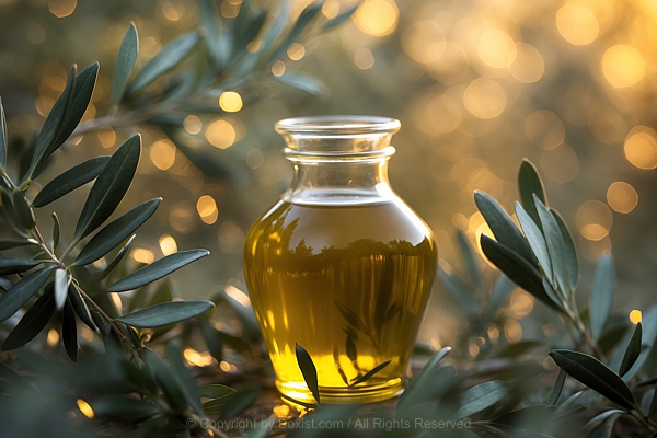 Glass Jar Filled With Olive Oil Surrounded With Oil Leaves