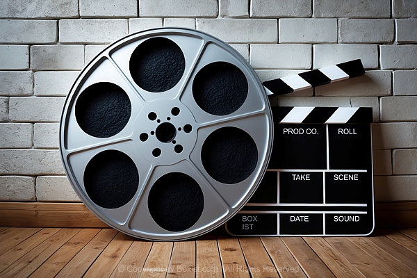 Film Reel And Movie Clapper Board On Wooden Floor Against Brick Wall
