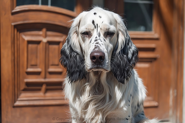 English Setter Dog Sitting In Front Of A Wooden Door