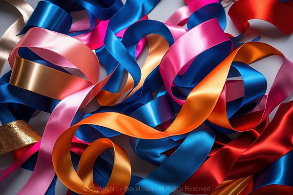 Display Of Glossy Satin Colored Ribbons Intertwined