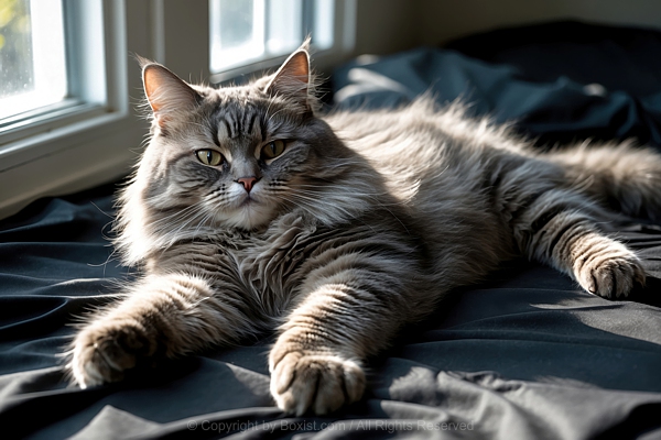 Beautiful Fluffy Grey Tabby Cat Lying Down By Window