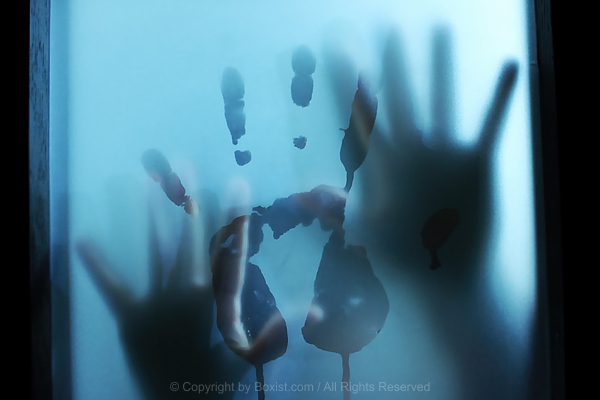 Mysterious Two Hands Press Against Frosted Glass With Visible Tension