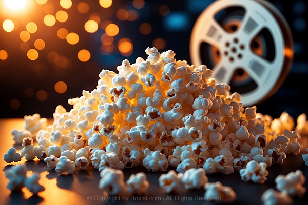 Pile Of Freshly Popped Popcorn With Movie Reel Background