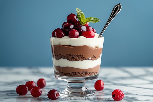 Chocolate Mousse With Smooth White Cream And Red Berries And Mint Leaf