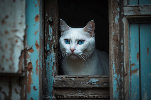 White Cat With Blue Eyes Gazes Out From Weathered Wooden Window
