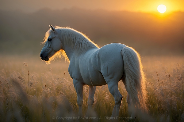 View From The Back Over White Horse Stands With Sun Rays In The Field