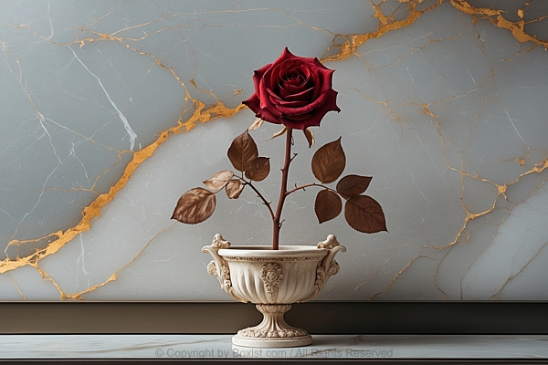 Red Rose With Dry Leaves In Ornate Planter Against Marble Wall
