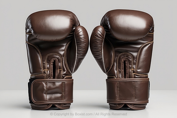 Pair Of Brown Worn Boxing Gloves With Smooth Glossy Leather