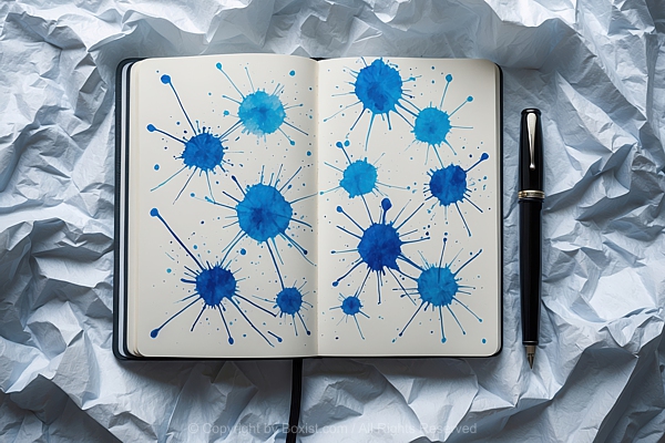 Open Notebook With Blue Ink Splashes On The Pages