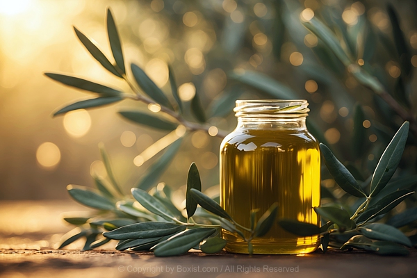 Olive Oil Jar Surrounded Fresh Olives Leaves