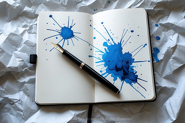 Open Notebook With Splashes Of Blue Ink On The Pages