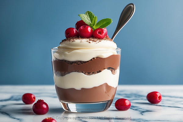 Cup Of Chocolate Mousse With White Cream And Red Berries