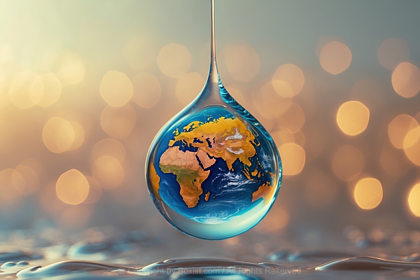 Planet Earth Inside Water Droplet