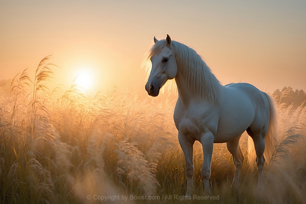 White Horse Stands With Sun Rays Cast A Warm Glow Over The Landscape