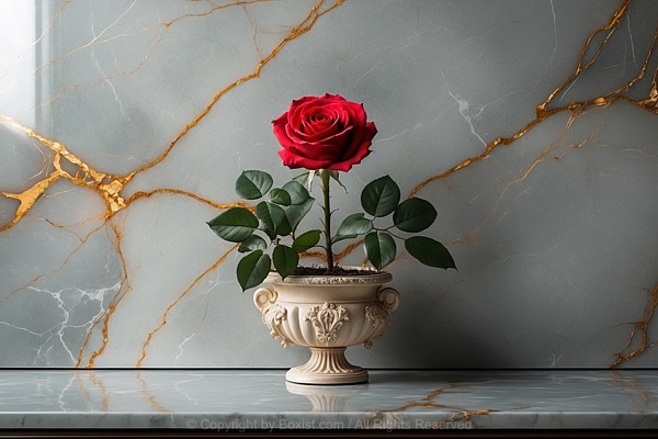 Red Rose Plant In Ornate Planter On Luxurious Marble