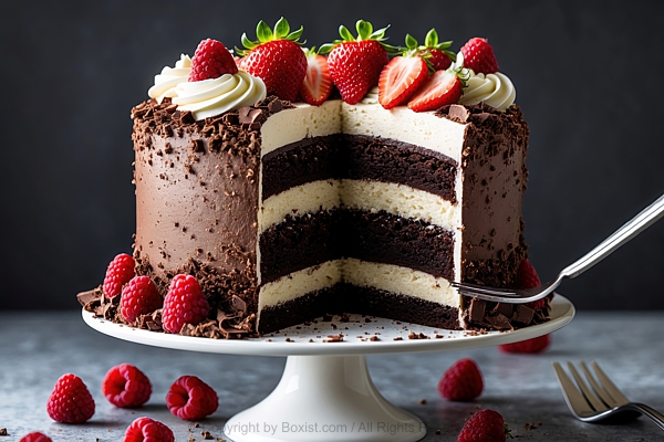 Layered Chocolate Cake On White Pedestal With Swirls Of Cream And Red Strawberries