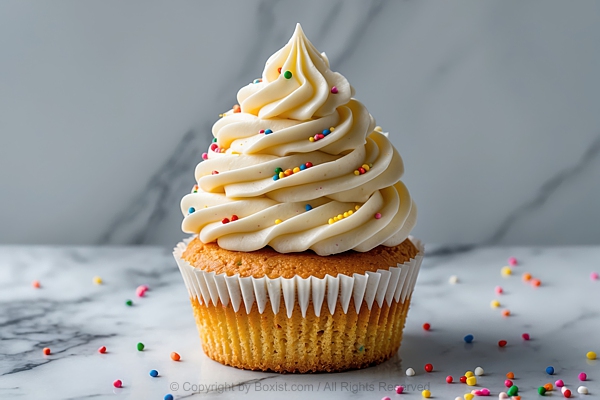 Cupcake With Towering Swirl Of Creamy Vanilla Frosting