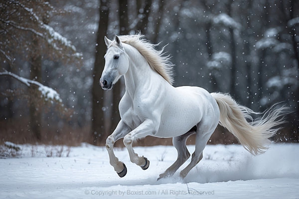 Beautiful White Horse Running In The Snow With Forest Trees In The Background