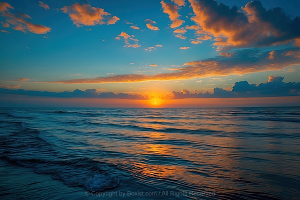 Serene Sunset Over The Ocean With Warm Glow Across The Sky And Water
