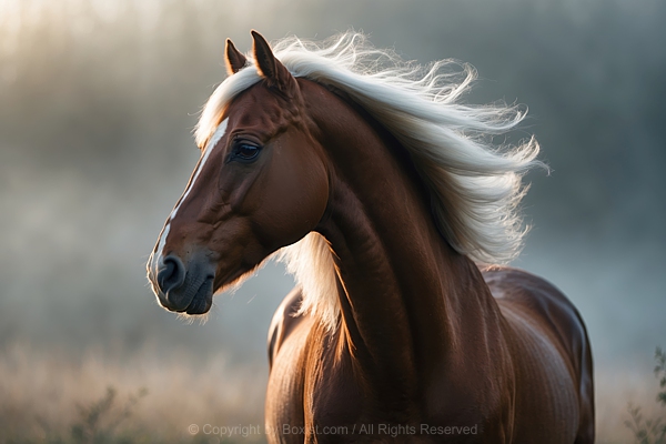 Magnificent Brown Horse Portrait With Flowing White Mane