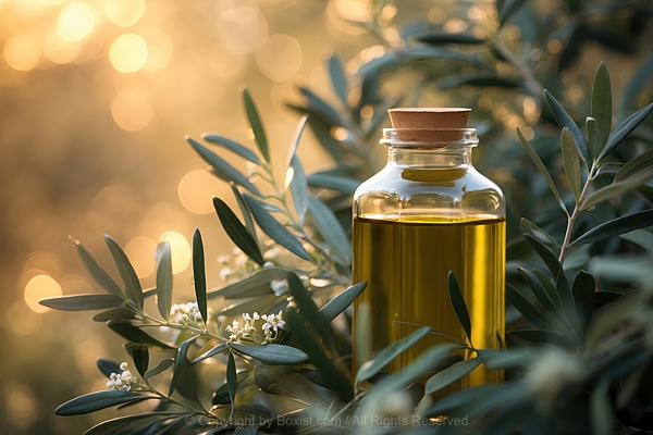 Olive Oil Filled Jar Surrounded By Lush Olive Leaves