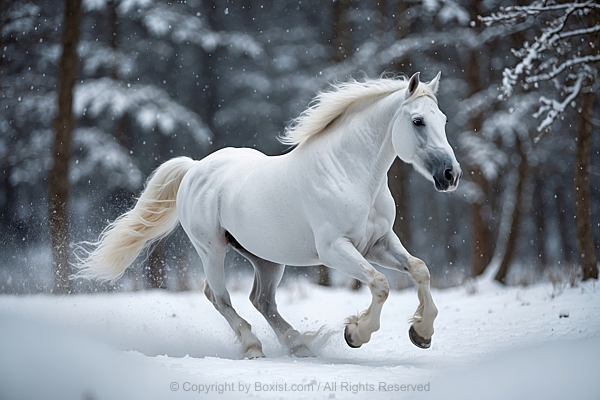 White Horse Runs Gallop In Winter Snow