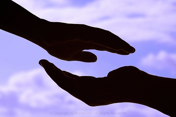Two Hands Silhouette Against Cloudy Sky One Reaching Down Towards The Other