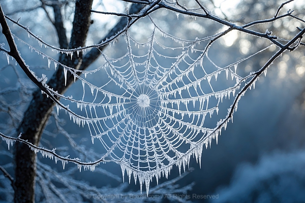 Frost Covered Spider Web Suspended Amongst The Branches