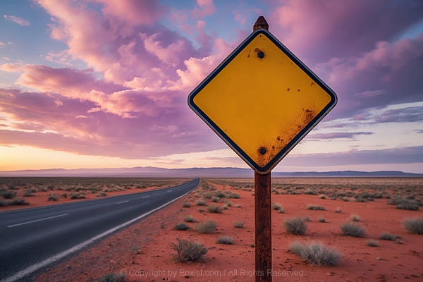 Empty Old Rusty Yellow Road Sign With Landscape Background