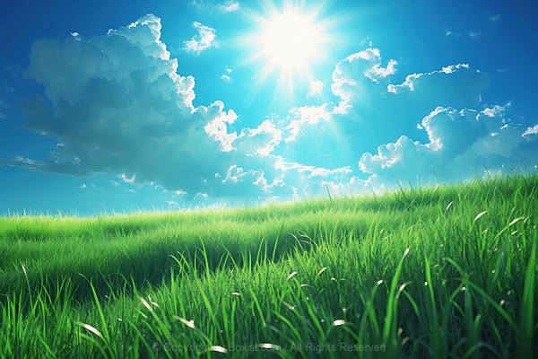 Beautiful Green Grassland Landscape With Blue Sky And Few Scattered White Clouds