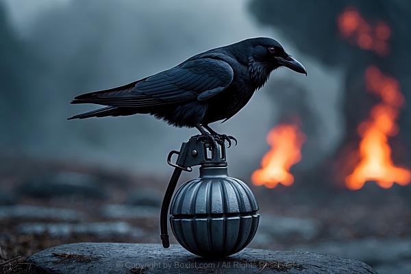 Black Crow Standing On Top Of Hand Grenade With Fire In the Background